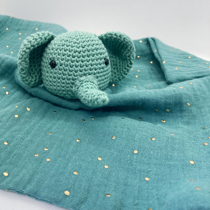 Doudou Élephant - Gaze de coton Vert-de-gris