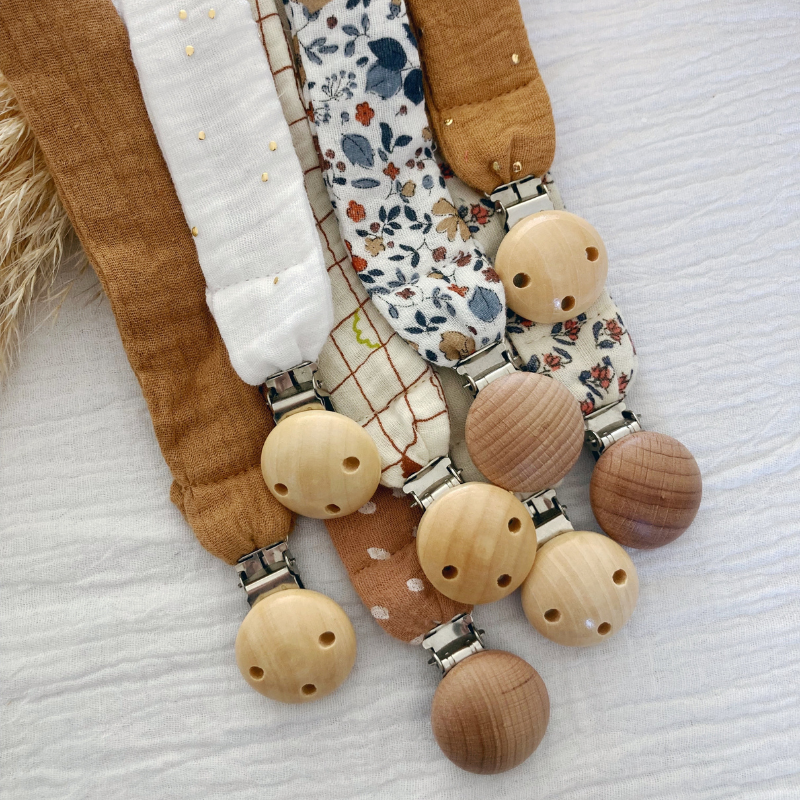 Attache tétine - Gaze de coton Camel à pois dorés