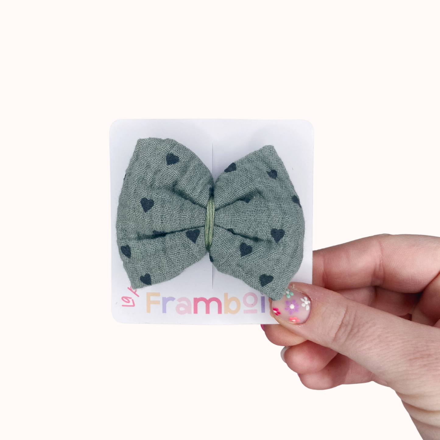 Barrette Nœud - Vert de gris motif coeurs