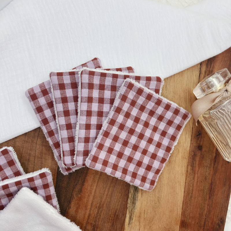 Semainier de cotons lavables - Vichy marron/parme