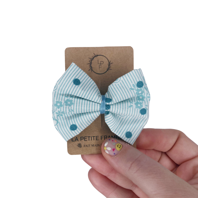 Barrette Nœud - Rayé turquoise / pois