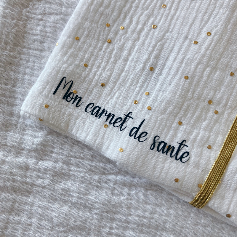 Protège carnet de santé - Gaze de coton Blanc à pois doré