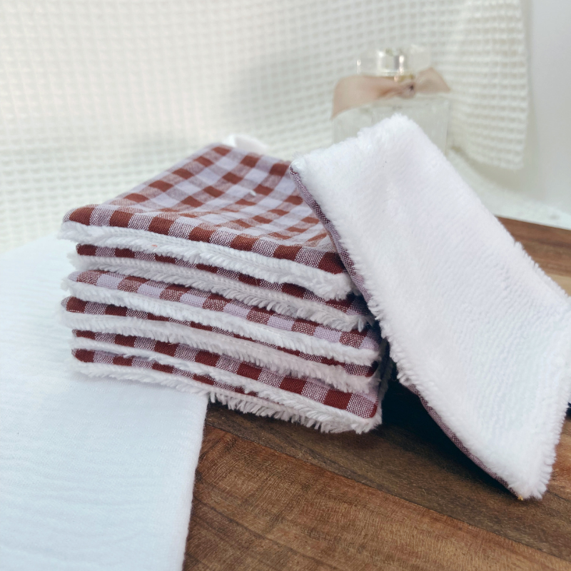 Semainier de cotons lavables - Vichy marron/parme