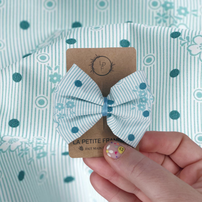 Barrette Nœud - Rayé turquoise / pois