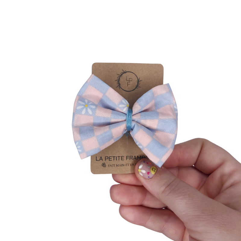 Barrette Nœud - Vichy rose/bleu/marguerite