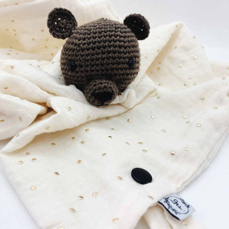 Doudou Ours - Gaze de coton Écrue à pois dorés