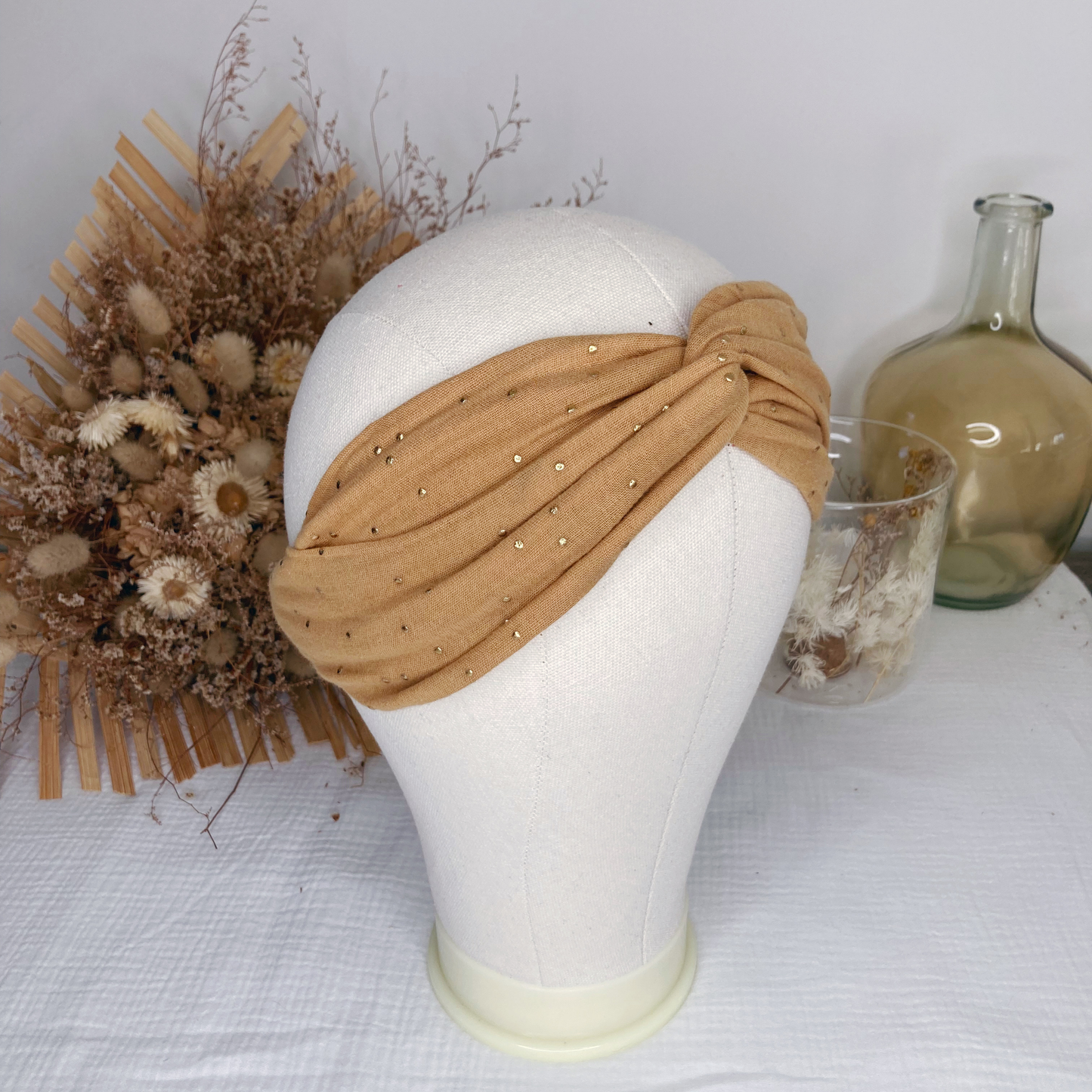 Headband twist adulte - Camel à pois dorés