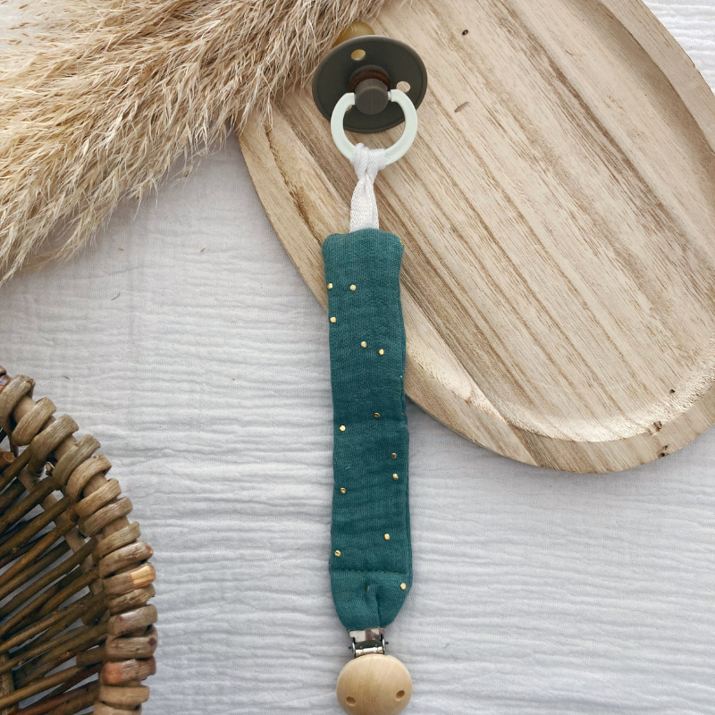 Attache tétine - Gaze de coton Vert-de-gris à pois doré