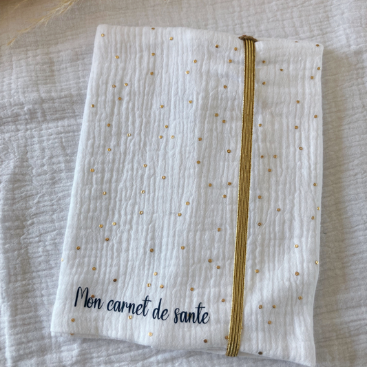 Protège carnet de santé - Gaze de coton Blanc à pois doré - La Petite Framboise