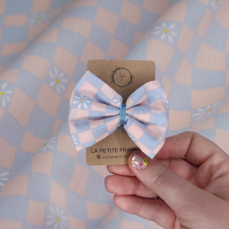 Barrette Nœud - Vichy rose/bleu/marguerite