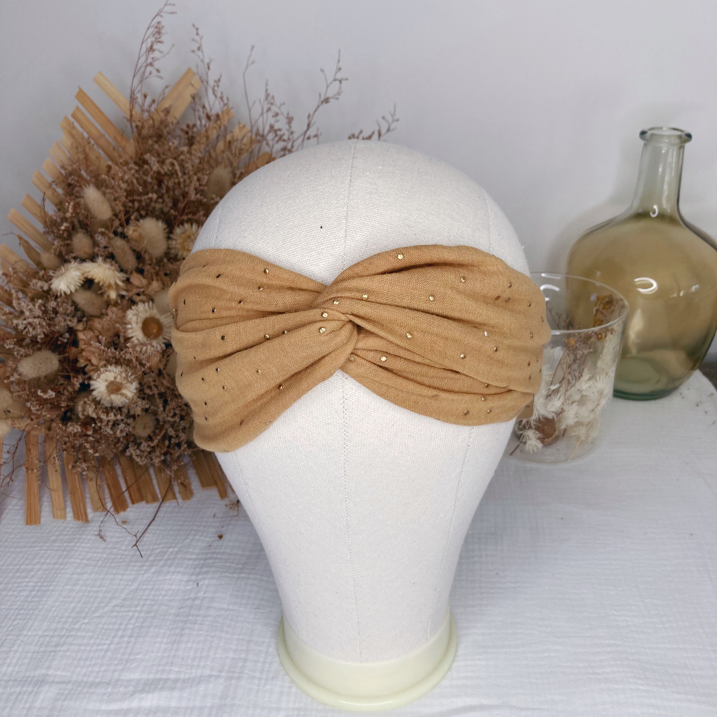 Headband twist adulte - Camel à pois dorés
