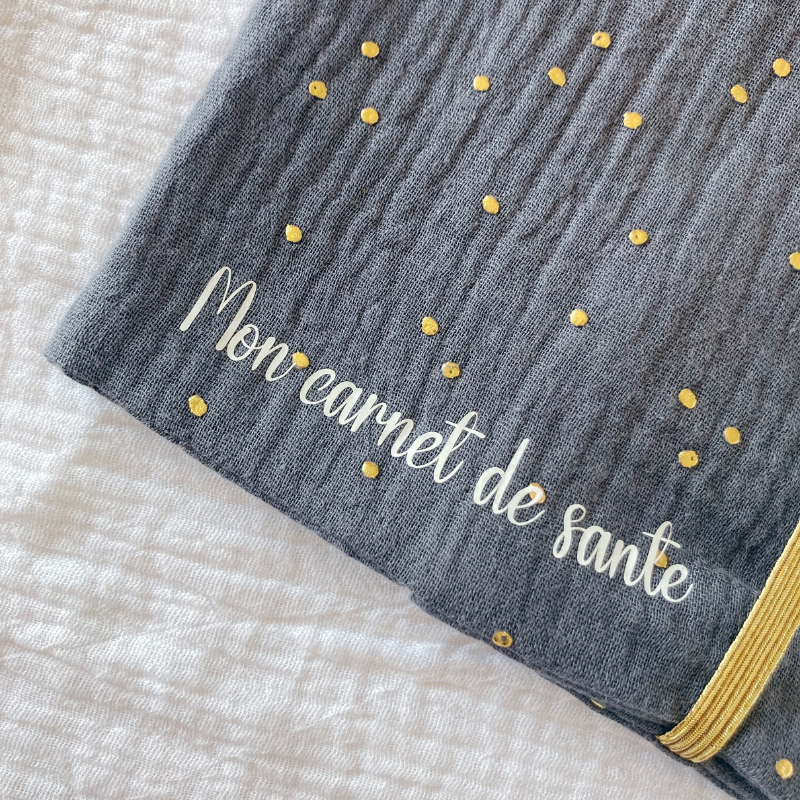 Protège carnet de santé - Gaze de coton Gris à pois doré