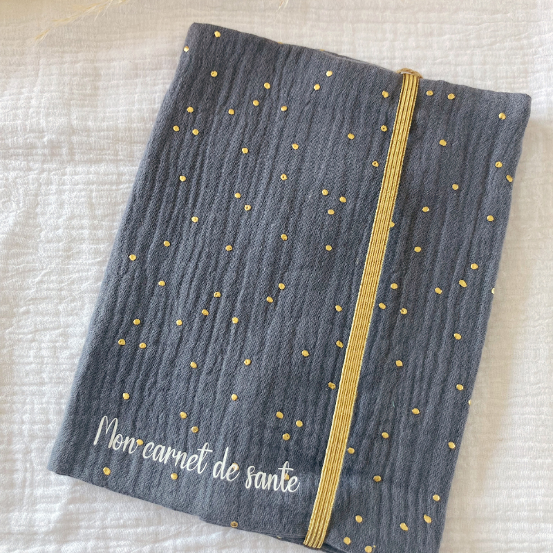 Protège carnet de santé - Gaze de coton Gris à pois doré