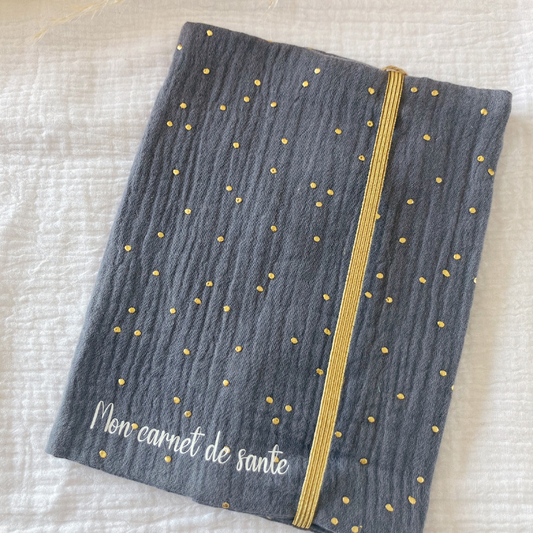 Protège carnet de santé - Gaze de coton Gris à pois doré - La Petite Framboise