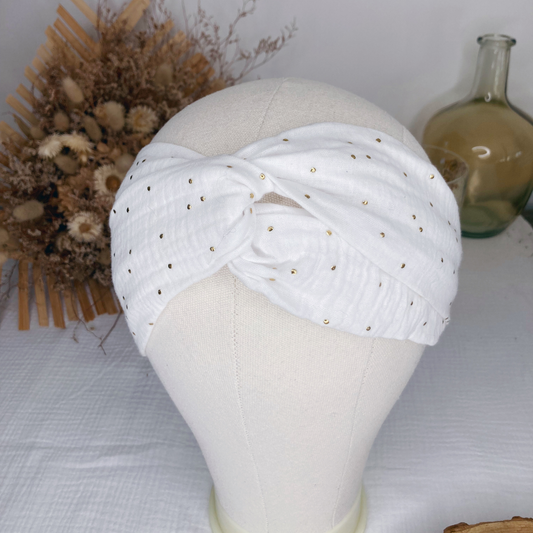 Headband twist adulte - Blanc à pois dorés