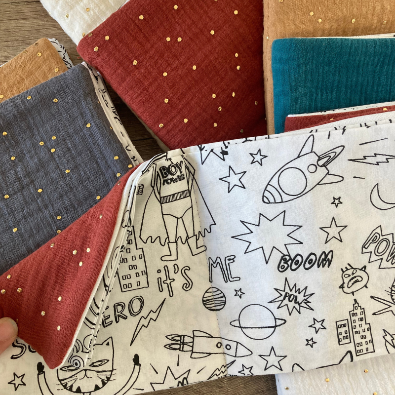 Kit à Colorier Lavable - Gaze de coton Marsala à pois dorés - La Petite Framboise