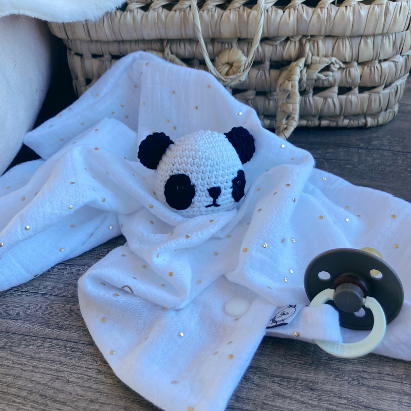 Doudou Panda - Gaze de coton Blanc à pois dorés