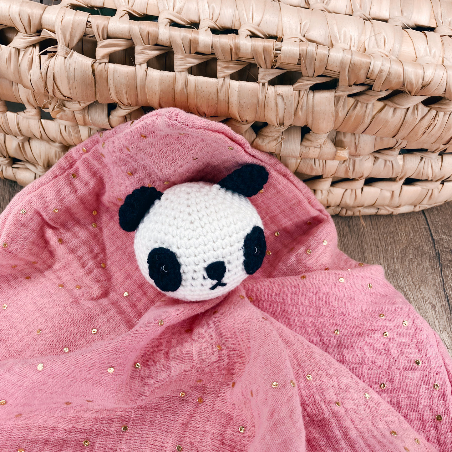 Doudou Panda - Rose thé à pois dorés