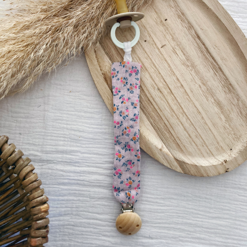 Attache tétine - Gaze de coton Mauve fleuri