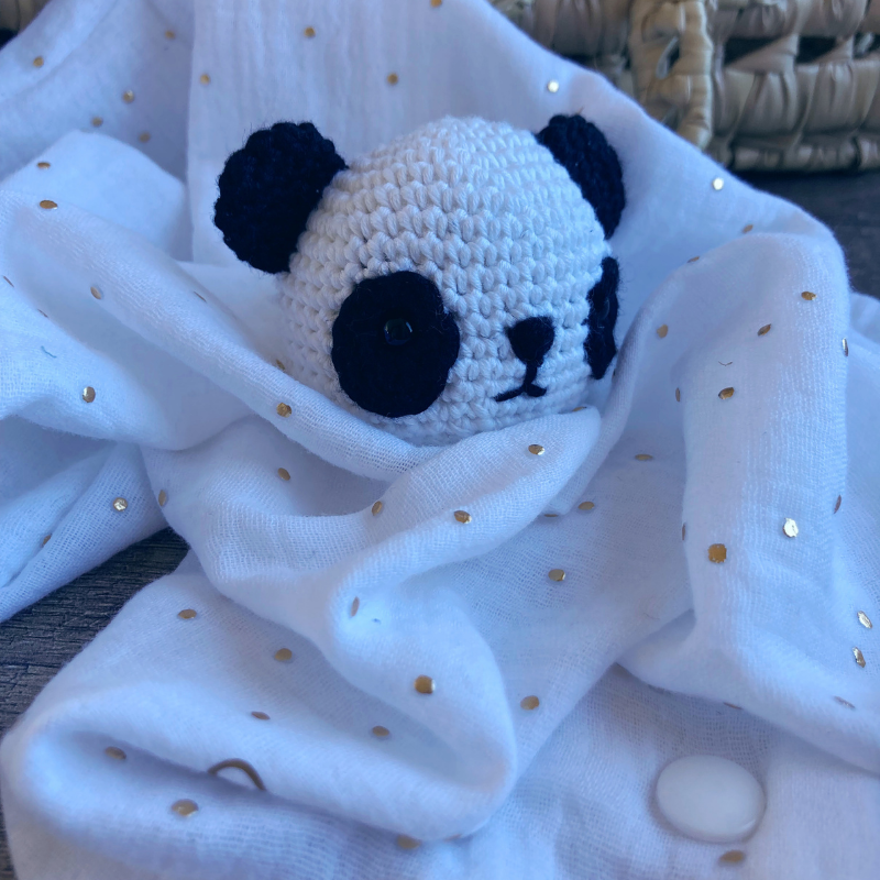 Doudou Panda - Gaze de coton Blanc à pois dorés