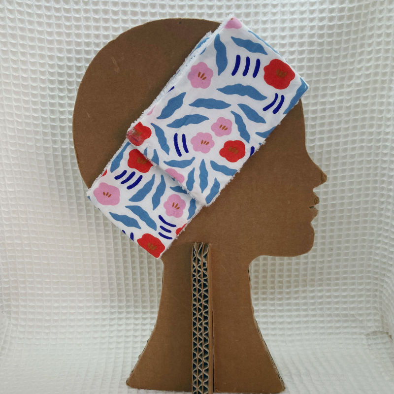 Bandeau de soin - Blanc et bleu à fleur rose/rouge