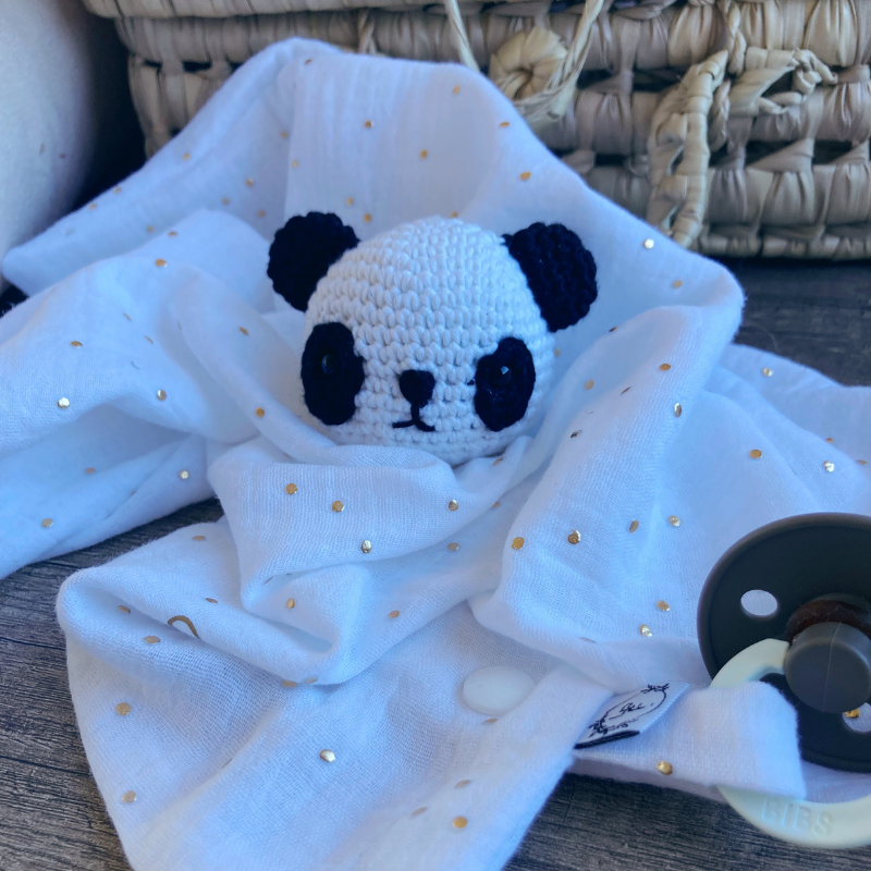 Doudou Panda - Gaze de coton Blanc à pois dorés