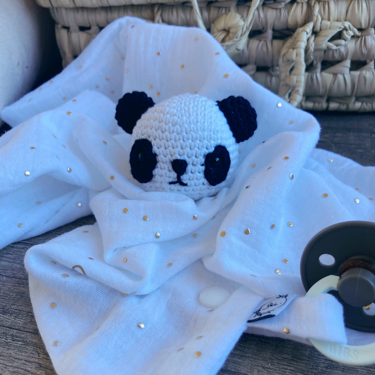 Doudou Panda - Gaze de coton Blanc à pois dorés - La Petite Framboise