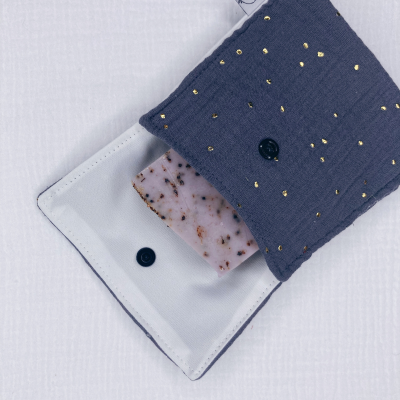 Pochette à Savon Imperméable – Gris à pois dorés