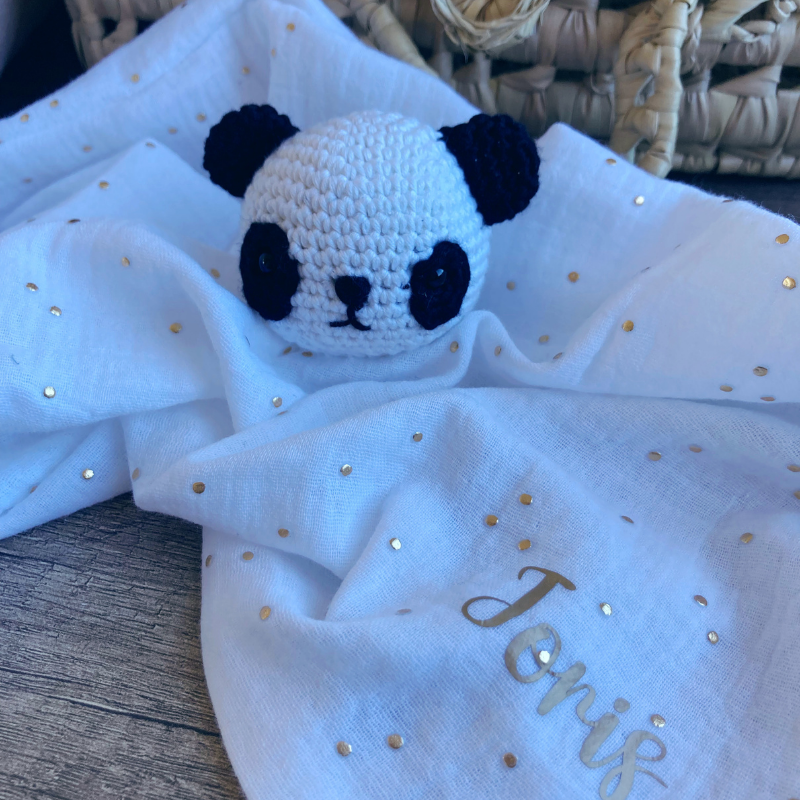 Doudou Panda - Gaze de coton Blanc à pois dorés