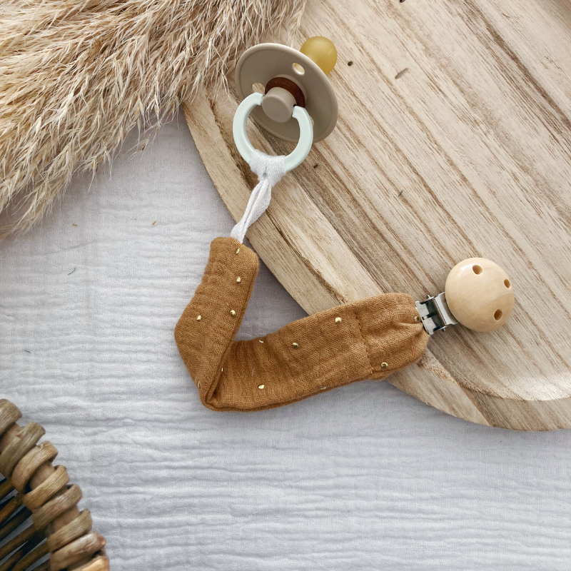 Attache tétine - Gaze de coton Camel à pois dorés