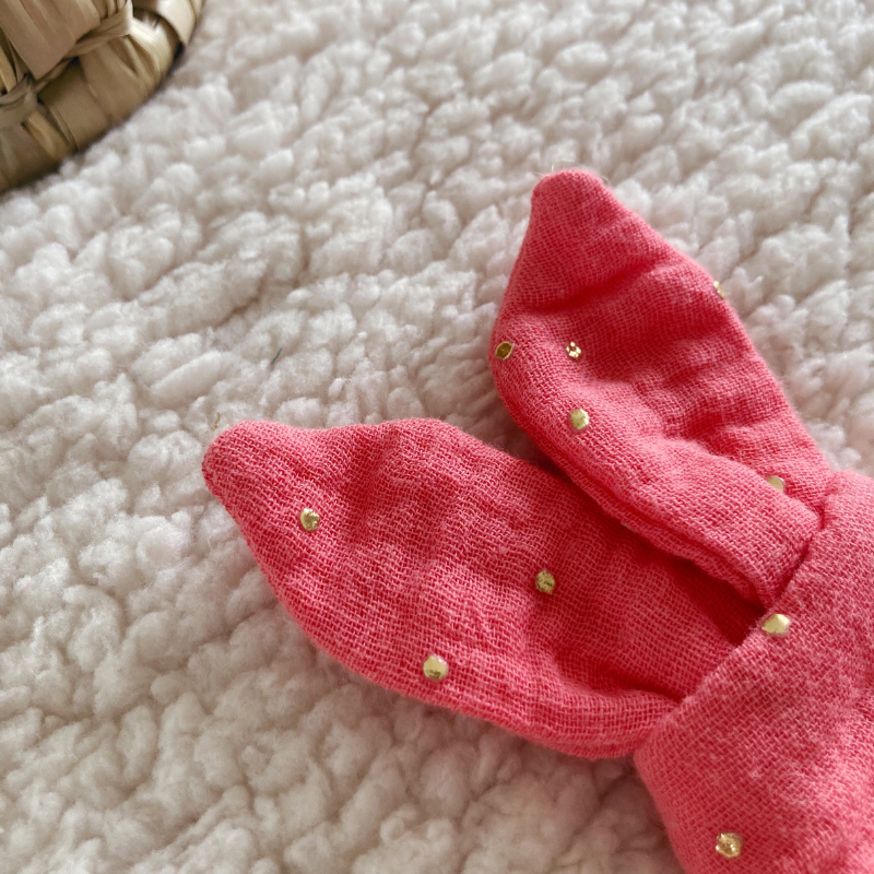 Anneau de Dentition - Gaze de coton Rose corail à pois dorés