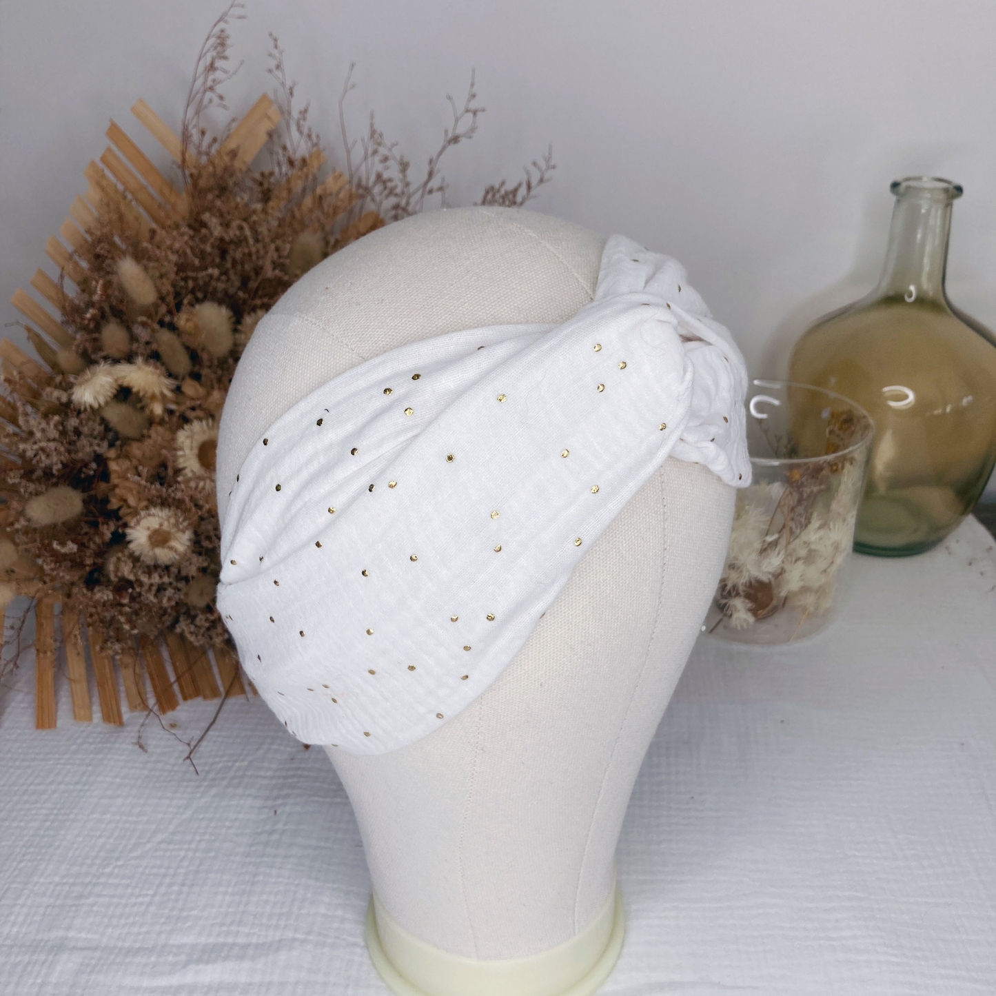 Headband twist adulte - Blanc à pois dorés