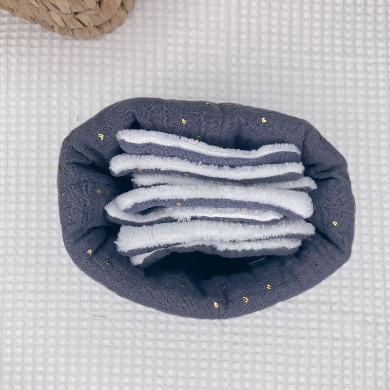 Panier et Semainier de Cotons Lavables - Gris à pois doré