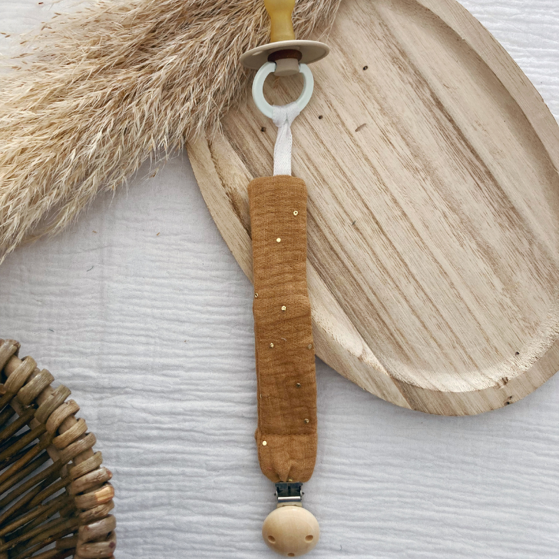 Attache tétine - Gaze de coton Camel à pois dorés