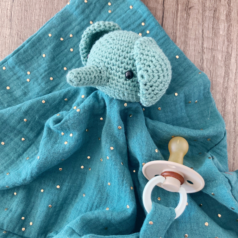 Doudou Élephant - Vert-de-gris à pois dorés