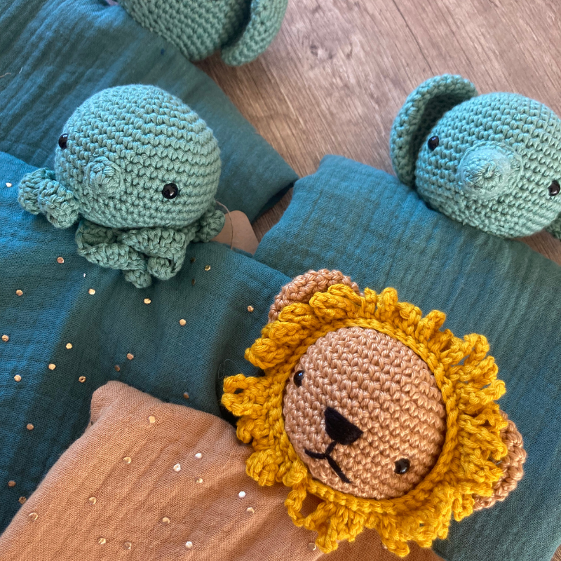 Doudou Élephant - Gaze de coton Vert-de-gris