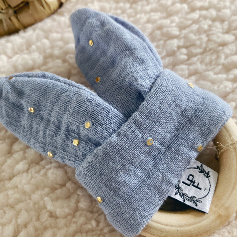 Anneau de Dentition - Gaze de coton Bleu jean à pois dorés