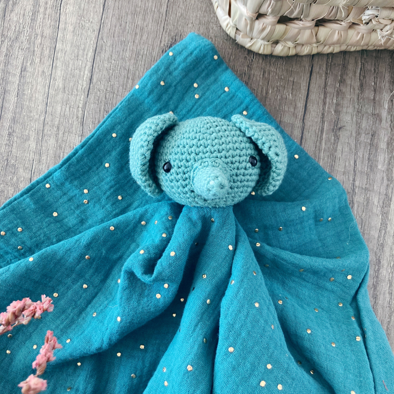 Doudou Élephant - Vert-de-gris à pois dorés