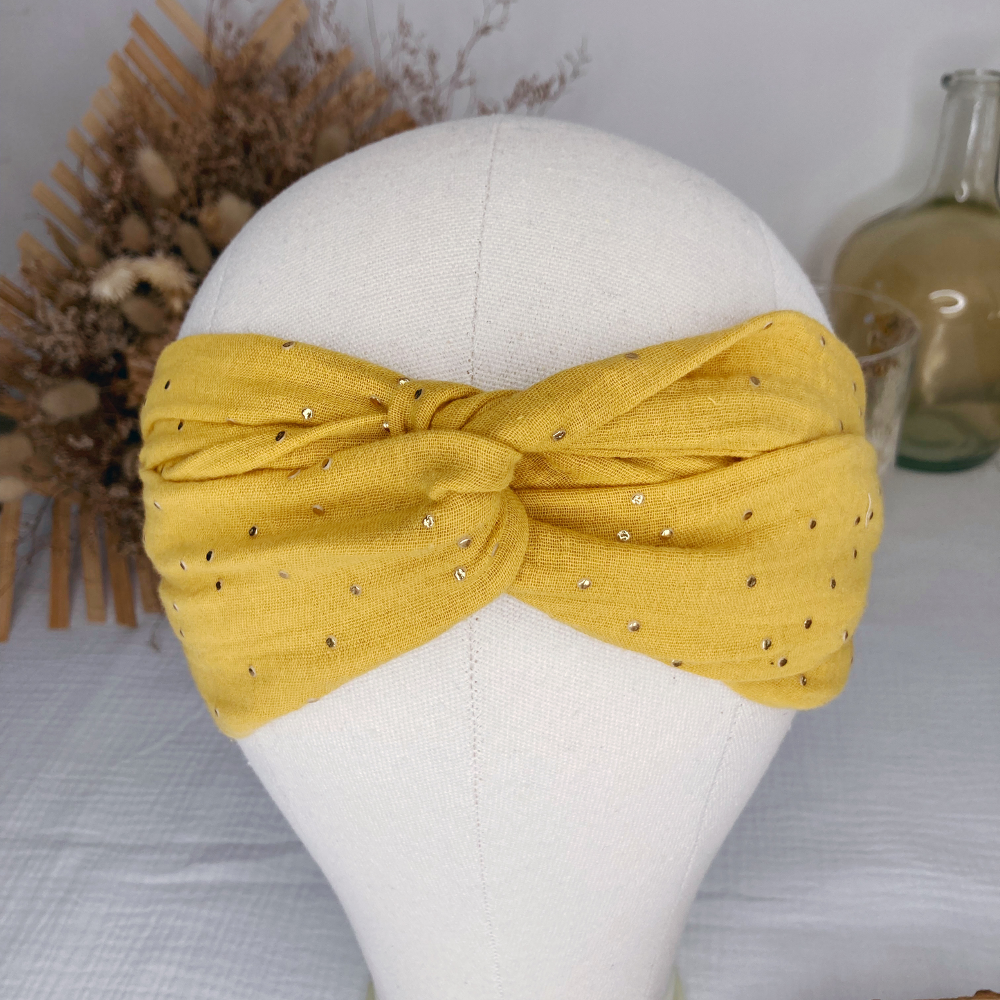 Headband twist adulte - Moutarde à pois dorés