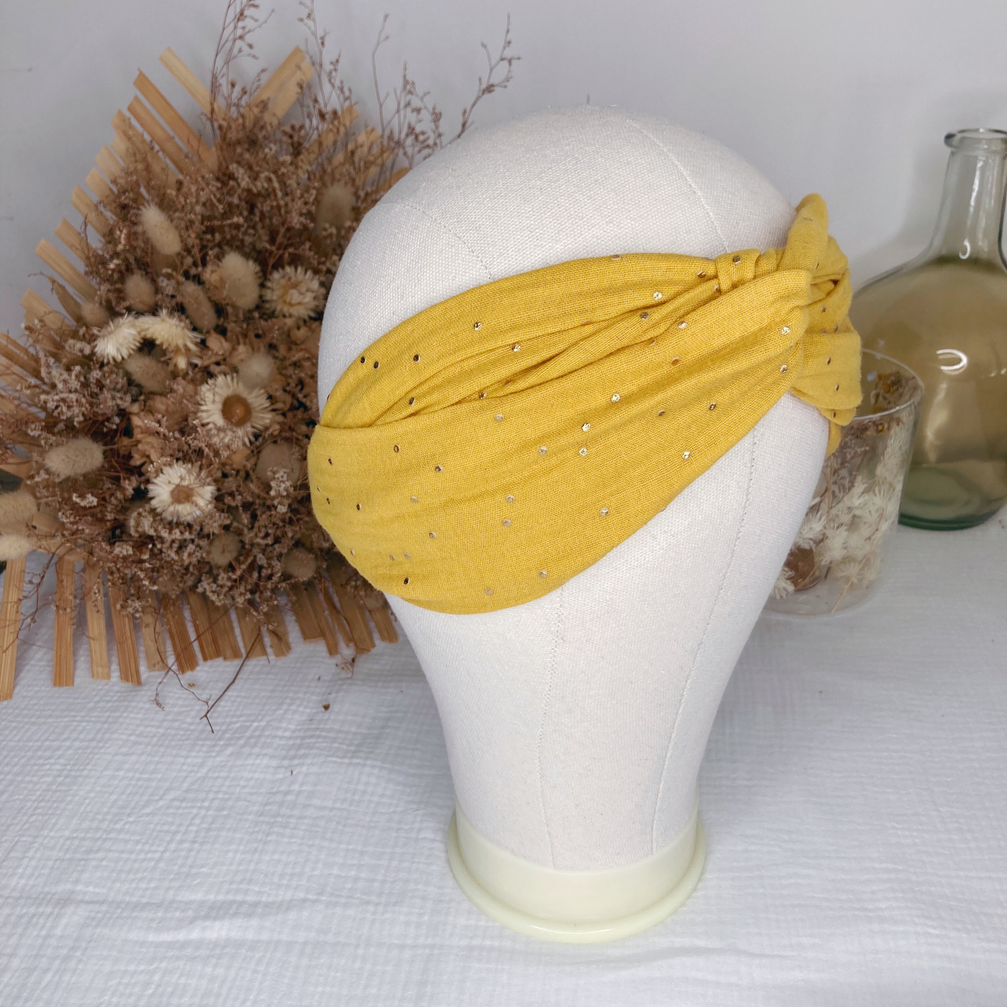 Headband twist adulte - Moutarde à pois dorés