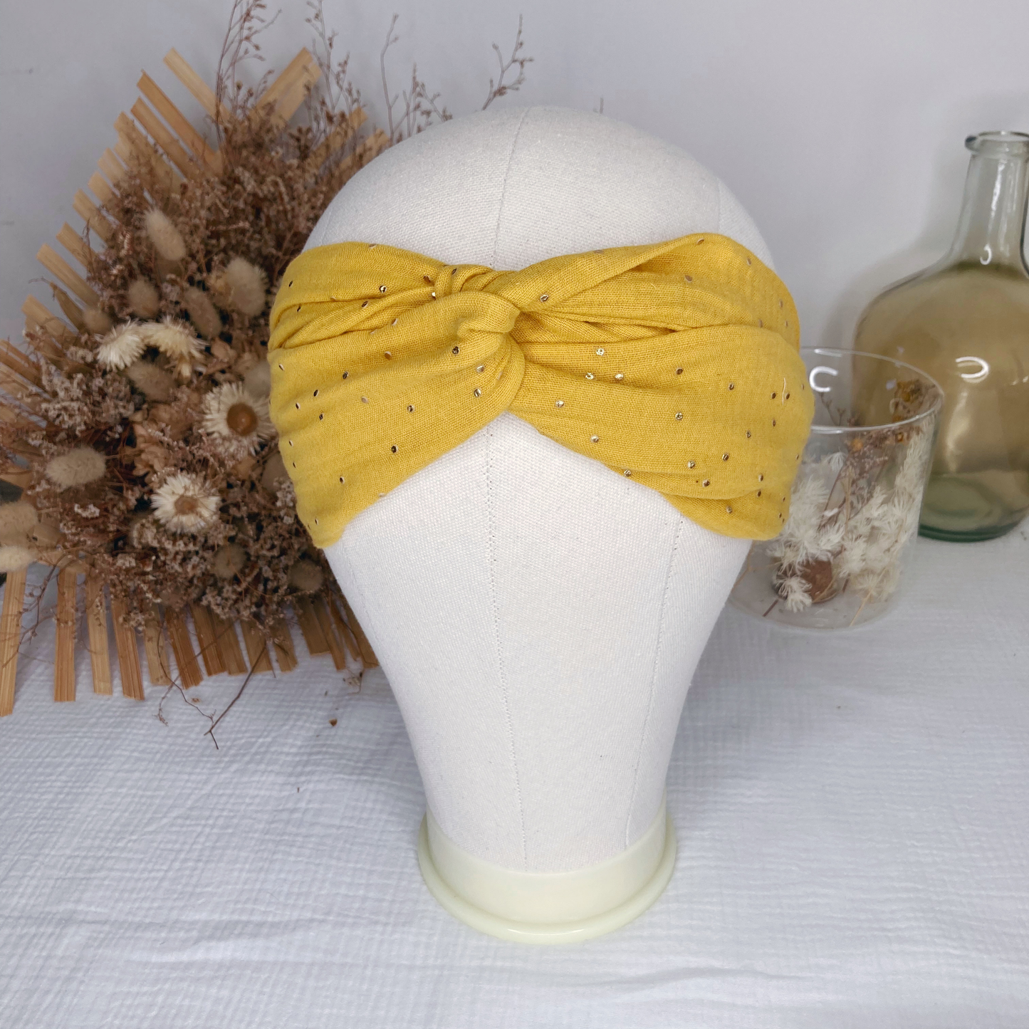 Headband twist adulte - Moutarde à pois dorés