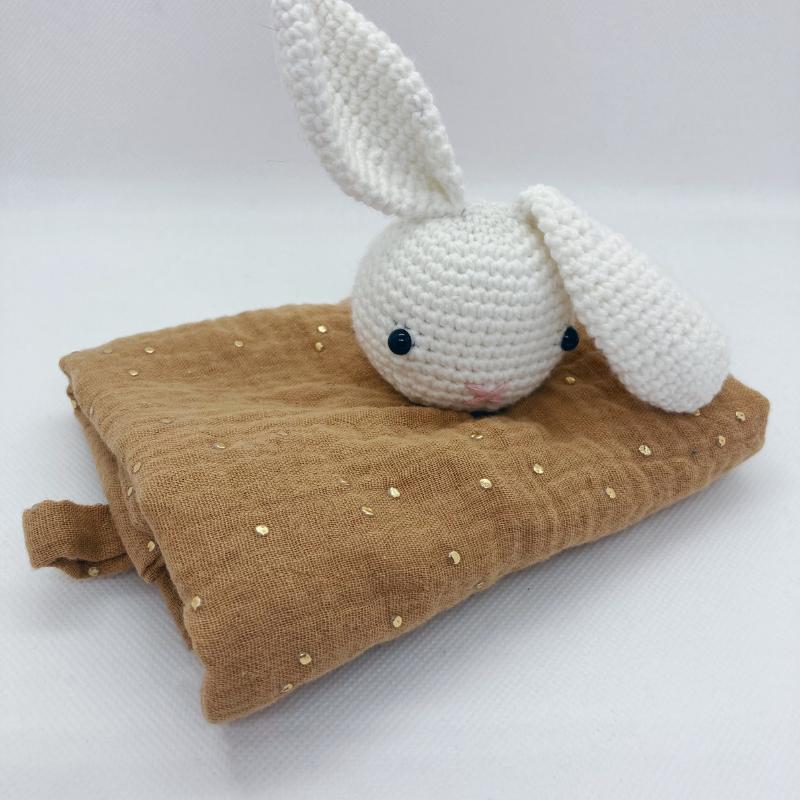Doudou Lapin - Gaze de coton Camel à pois dorés