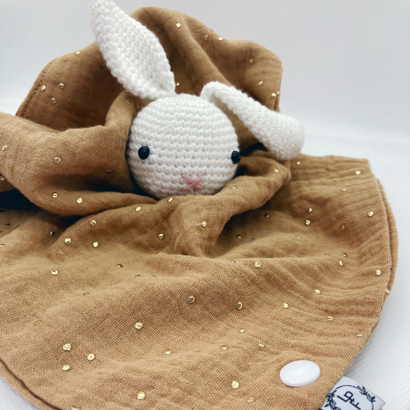 Doudou Lapin - Gaze de coton Camel à pois dorés