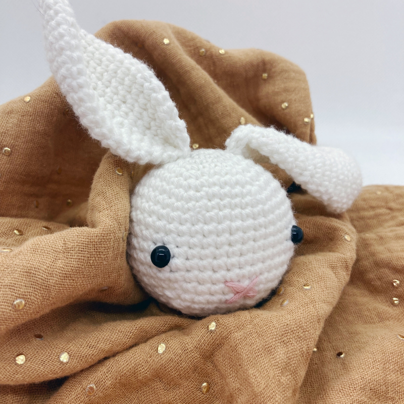 Doudou Lapin - Gaze de coton Camel à pois dorés