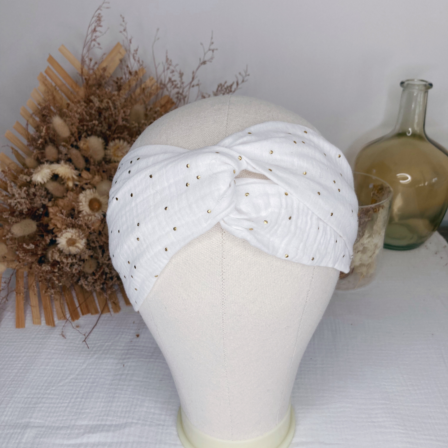 Headband twist adulte - Blanc à pois dorés