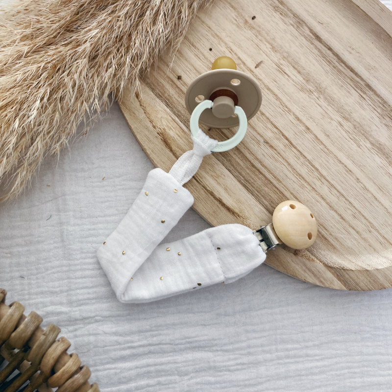 Attache tétine - Gaze de coton Blanc à pois dorés