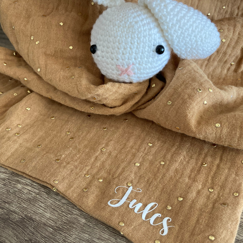 Doudou Lapin - Gaze de coton Camel à pois dorés