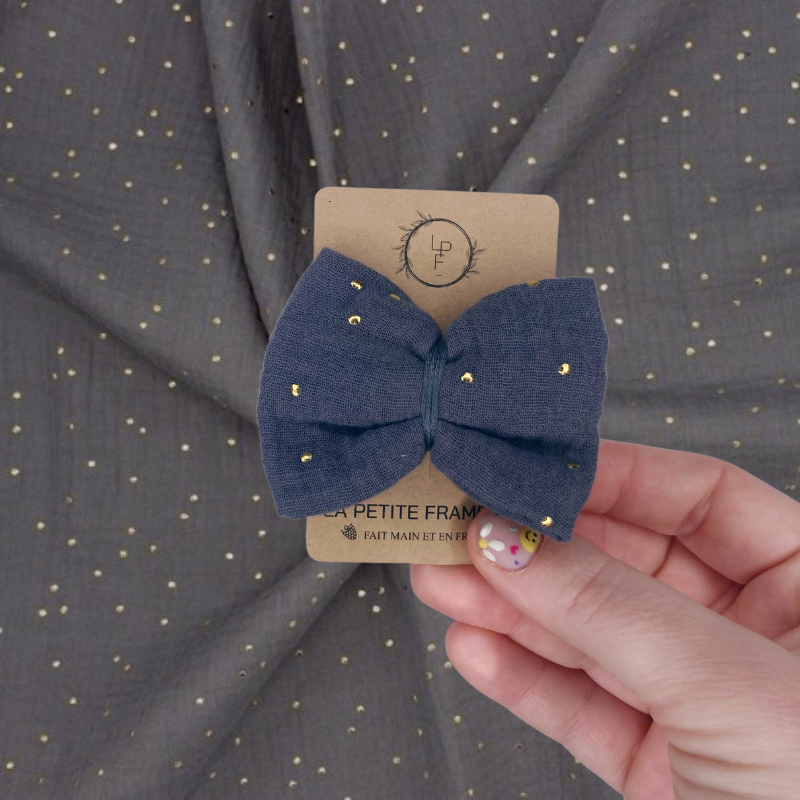 Barrette Nœud - Gris à pois dorés