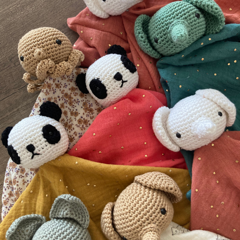 Doudou Élephant - Gaze de coton Vert-de-gris