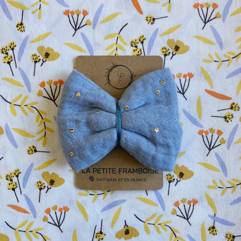 Barrette Nœud - Bleu jean à pois dorés